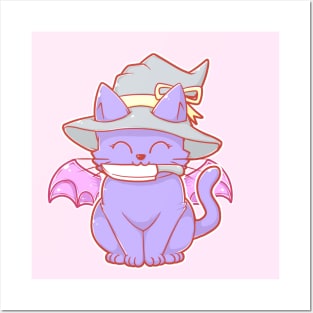 Cute Kawaii Cat with Knife and Bat Wings in Pastel Colors Posters and Art